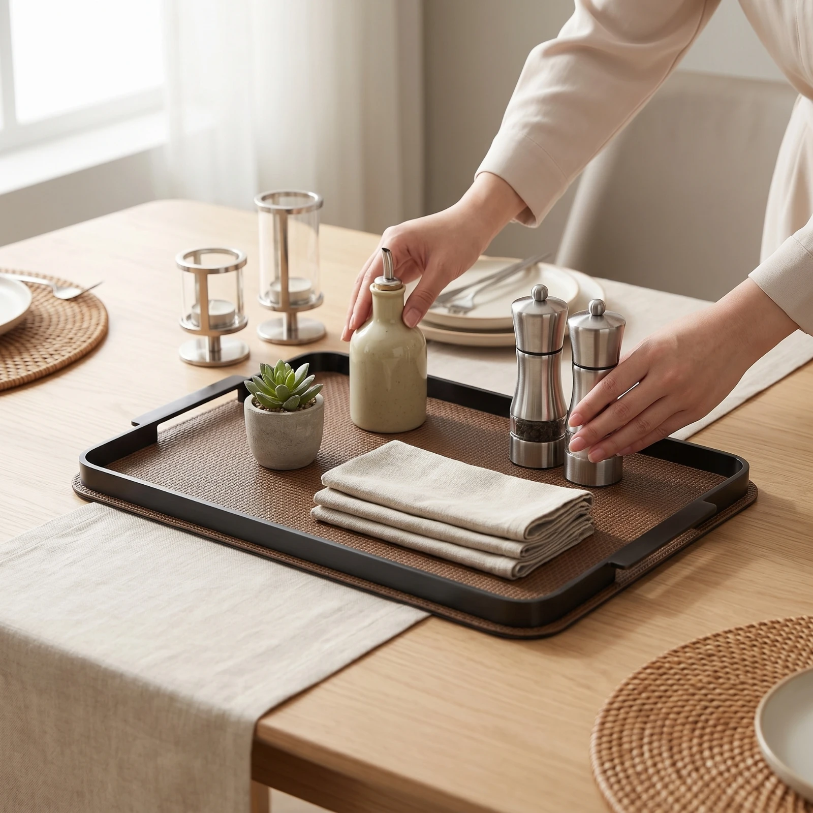 Leather Tray with Metal Rim Textured Valet Tray with Handles Nightstand Organizer Long-Lasting Key Bowl Stylish for Entryway