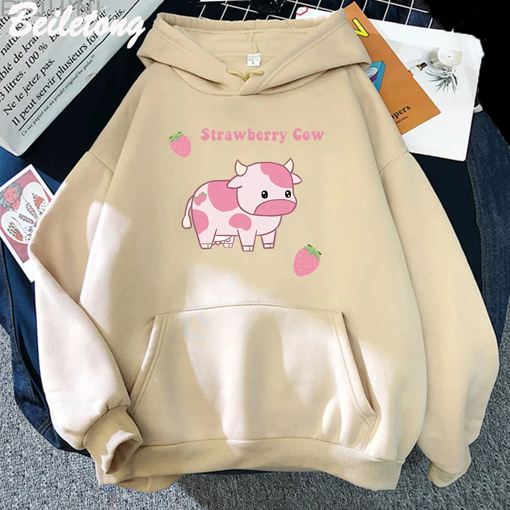 Cow And Strawberry Kawaii Women Hoodies Casual Pullover Plus Size Sweatshirt Autumn Winter Warm Girl Streetwear Clothes Tops