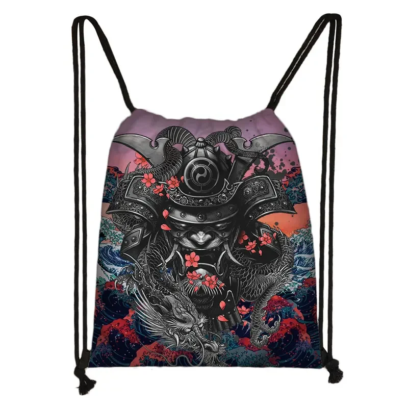Japanese Samurai Warrior Print Backpack Women Men Drawstring Bags
