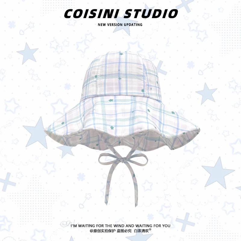 Ins Fresh and Lovely Printed Strap Bucket Hats for Women Summer Travel Seaside Sunscreen Versatile Fashion Thin Sun Hat