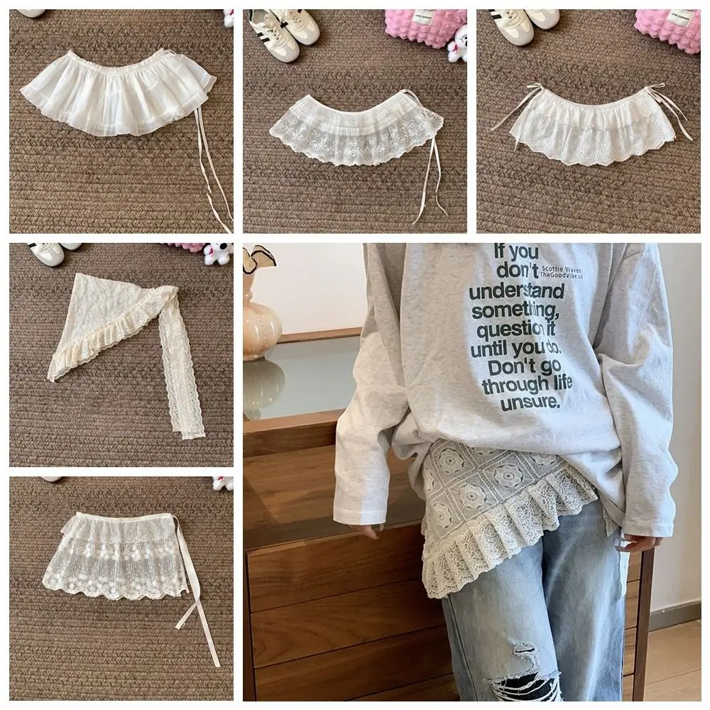 Rok Mini Renda Manis Lembut Rok Kasa Pinggang Tinggi Gaya Korea Rok Tepi Ruffle Bunga Bertali Wanita