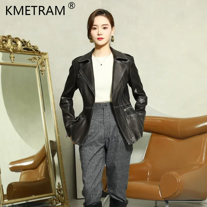 Veste en peau de mouton véritable pour femme, vestes en cuir véritable, manteau en cuir naturel, streetwear élégant, mode coréenne, 100%