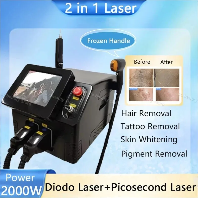 

2 in 1 Laser Q Switch Nd Yag Picosecond + Ice Diode Hair Removal - Tattoo, Pigment and Chloasma Removal for Salon