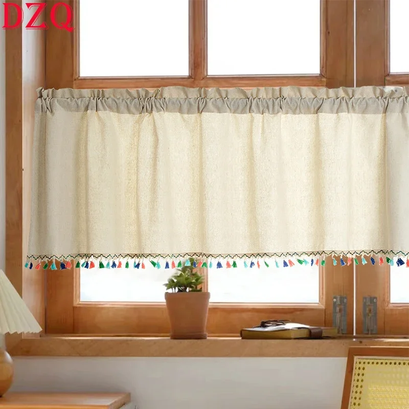 

Korean Beige Linen Short Curtains for Living Room Japanese Rural Colorful Tassels Half Curtain Cloth for Kitchen #A421