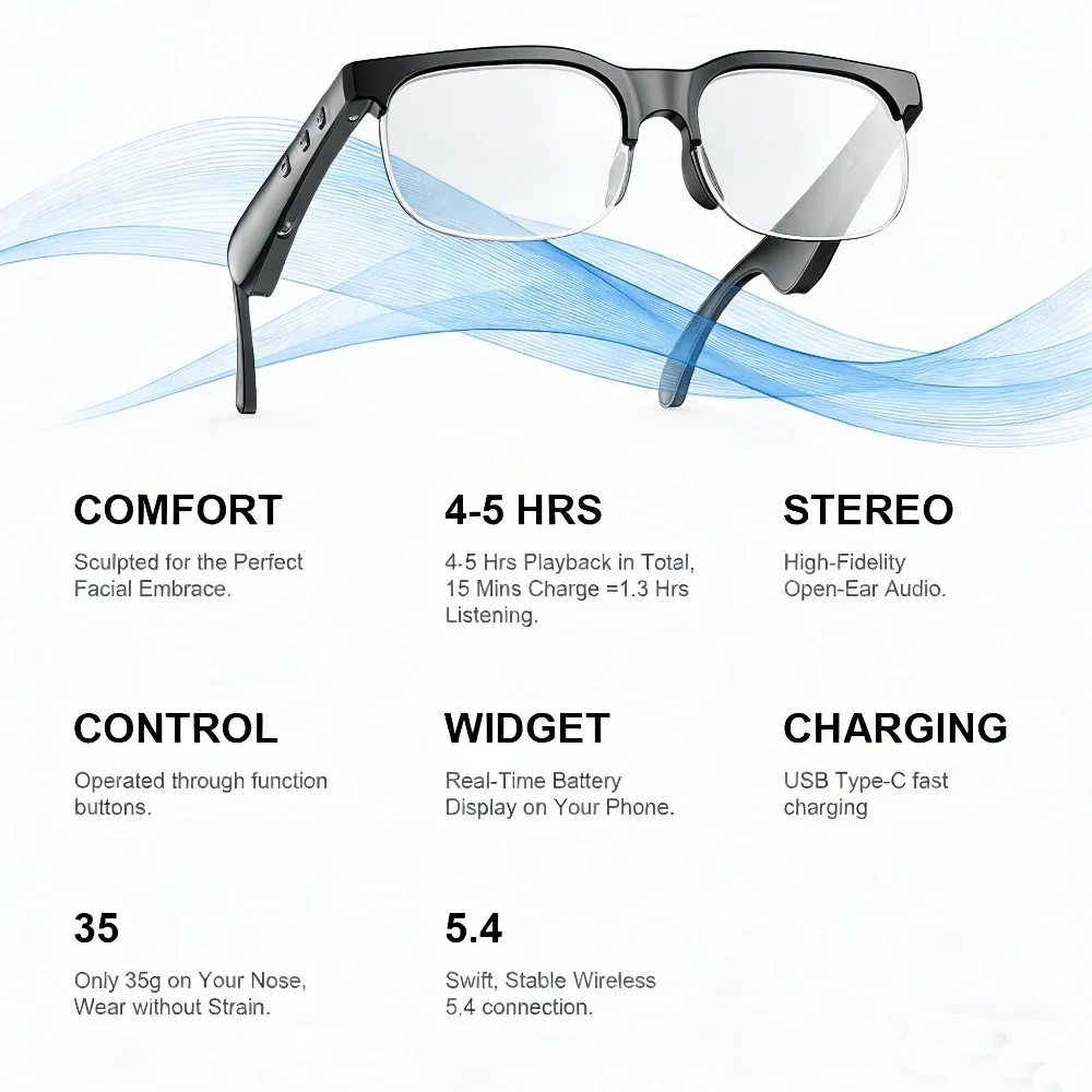 Smart Glasses, Smart Audio Glasses, Wireless Glasses, Earphones, Support Hands-free Calls and Music, Lightweight Design