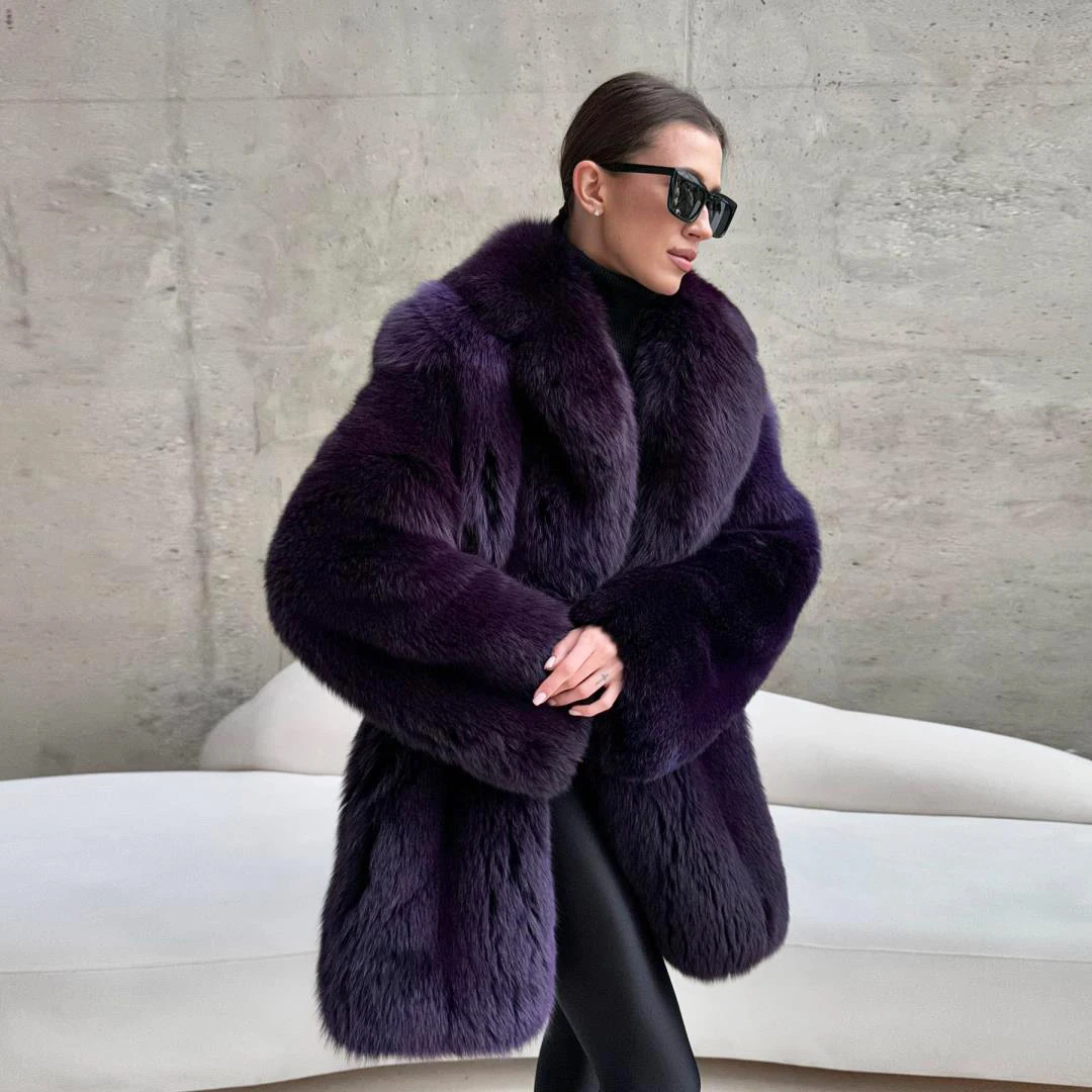 Winter Luxury Woman Genuine Natural Fox Fur Lapel Coat Lady Fashion Elegant Real Fur Thick Overcoat