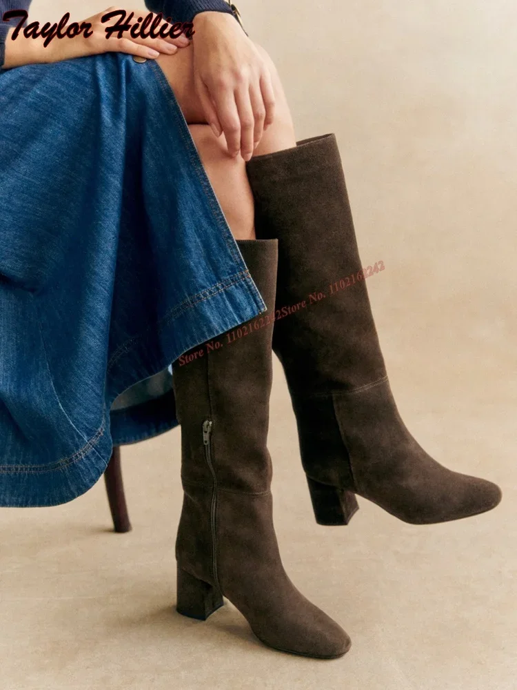 

Winter Taupe Knee-High Long Boots With Round Toe Thick Heels Suede Autumn Women'S Boots Comfortable Slim Casual Fashion Boots 45