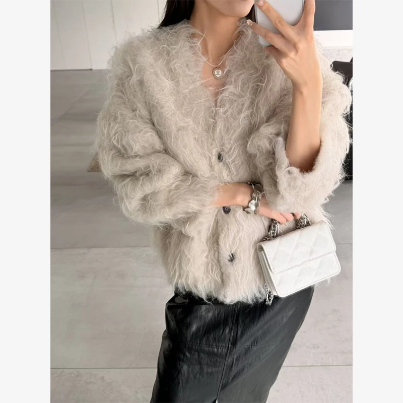 V Neck Womens Shaggy Faux Fur Short Jacket Open Front Fluffy Fuzzy Long Sleeve Loose Daily Casual Winter Streetwear Outerwear