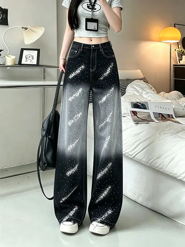 Black Sequin Denim Pants Women's Summer Fashion Wide Leg Casual Versatile New Style Design Sensation 2026 Trendy Long Trousers