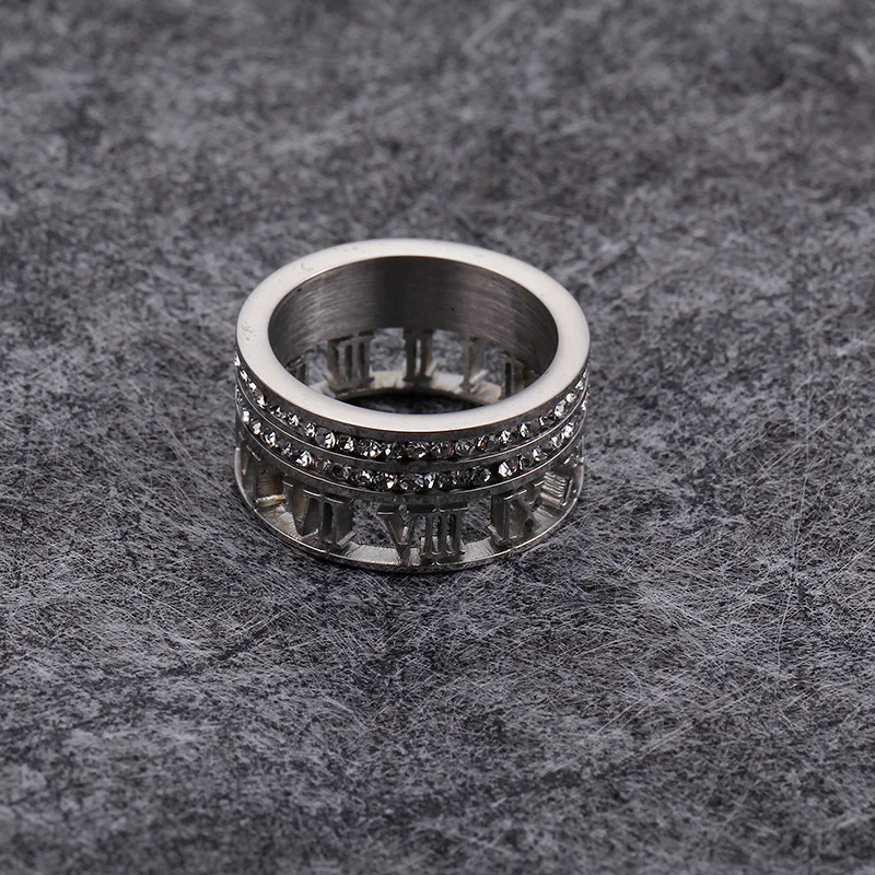 Stainless Steel Gold Silver Color Rings For Women Trendy Zircon Hollow Roman Numerals Wedding Party Finger Rings Jewelry Gifts
