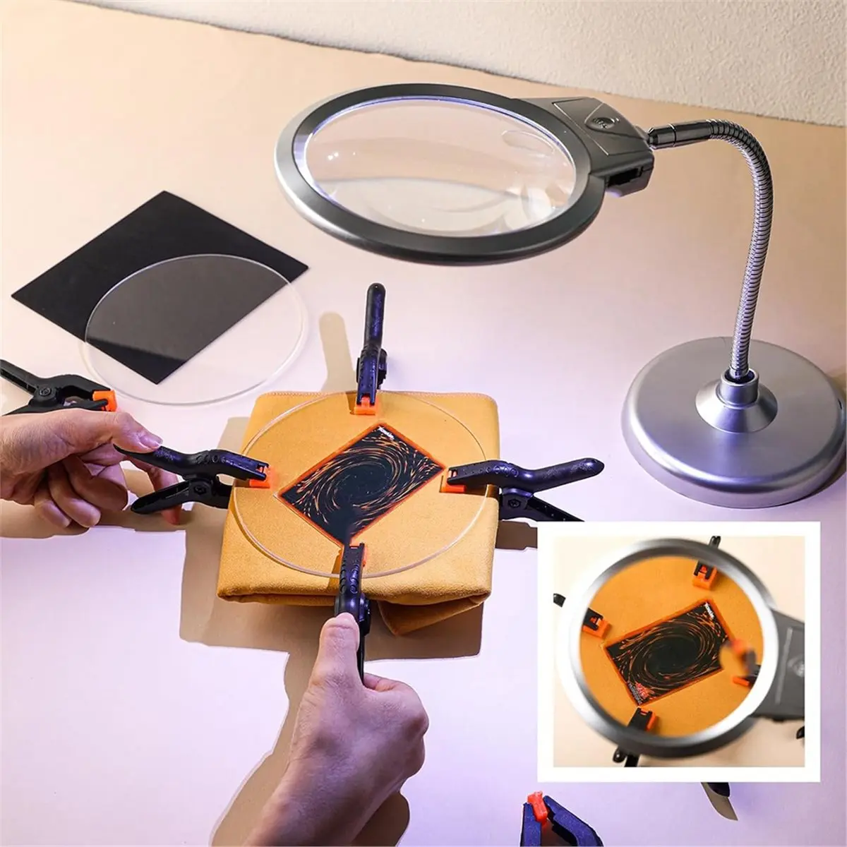 Sports Cards Grading Kit Card Grading Centering Tool Flattening Kit, LED Magnifying Table Lamp, Clear Acrylic Rounds