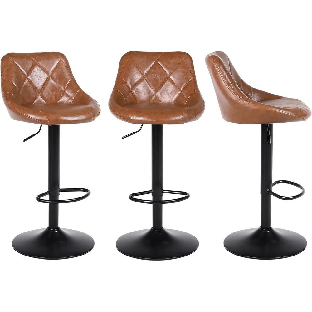 

Set of 3 Swivel Counter Height Bar Stools with Backrest and Footrest, Brown Leather for Kitchen Island