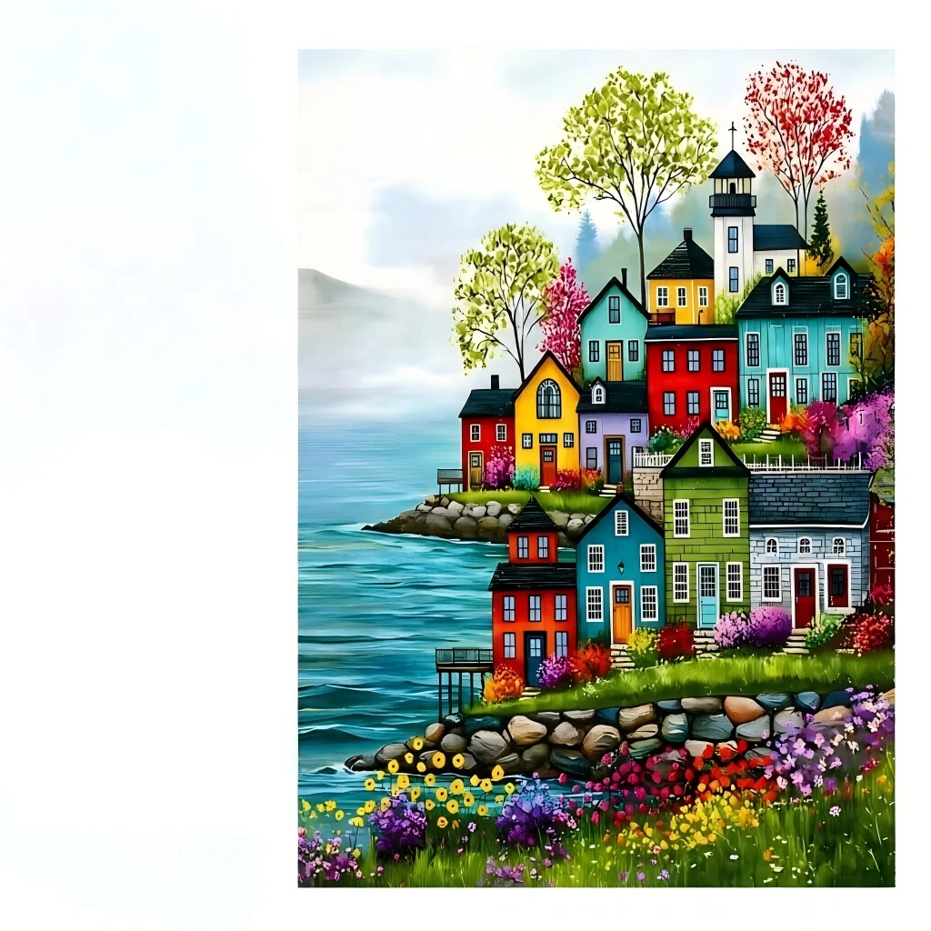 Scenic Town Jigsaw Puzzle-Harbor Village,Colorful Seaside Houses,Autumn Hillside,Cobblestone Street-Adult Relaxation Home Gift