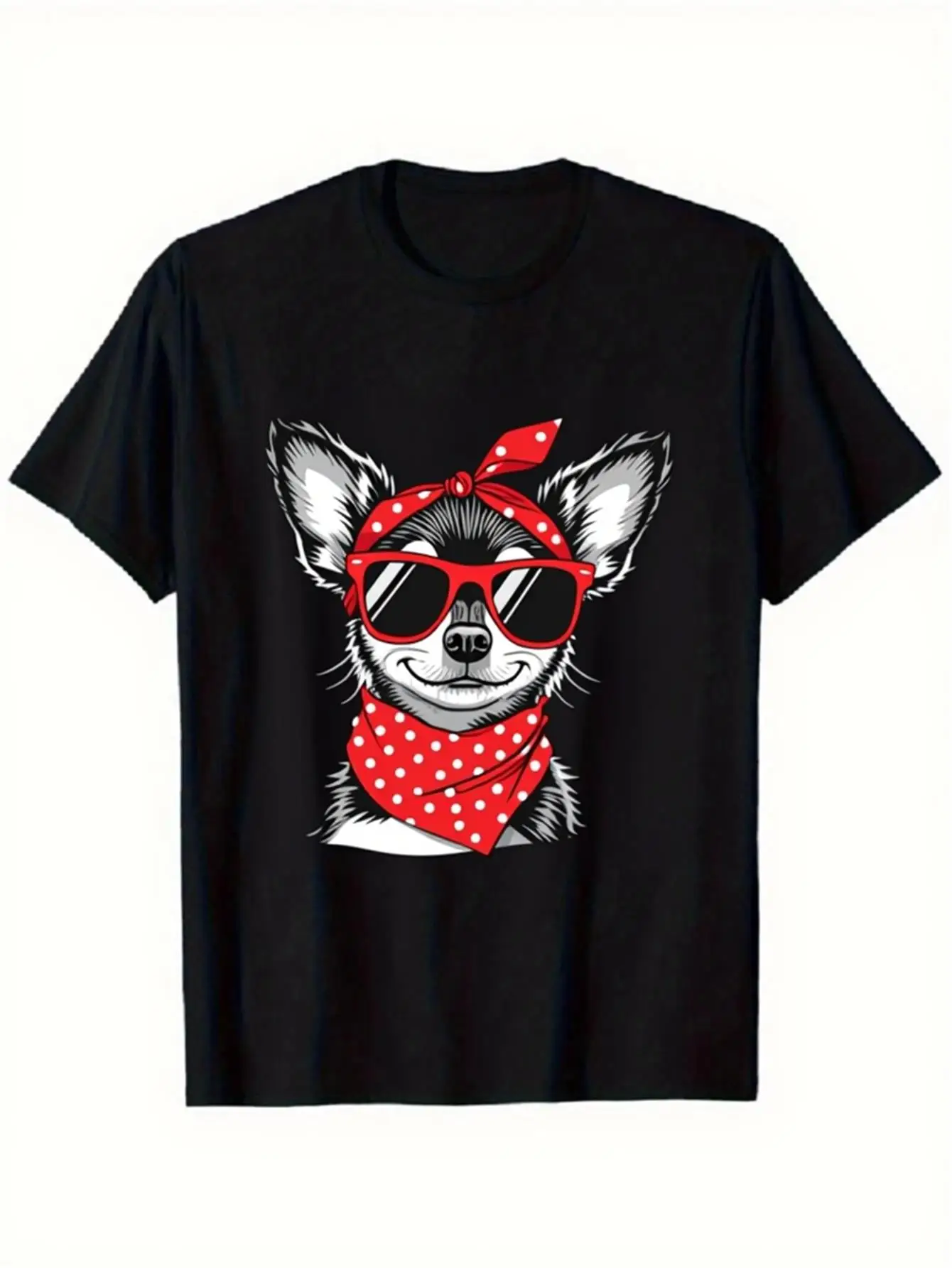 Trendy Men's Black Graphic T-Shirt Chihuahua Dog Red Sunglasses Polka Dot Bandana Smiling Pet Cartoon Portrait Print 100% Cotton Heavyweight Short Sleeve Casual Streetwear Tee