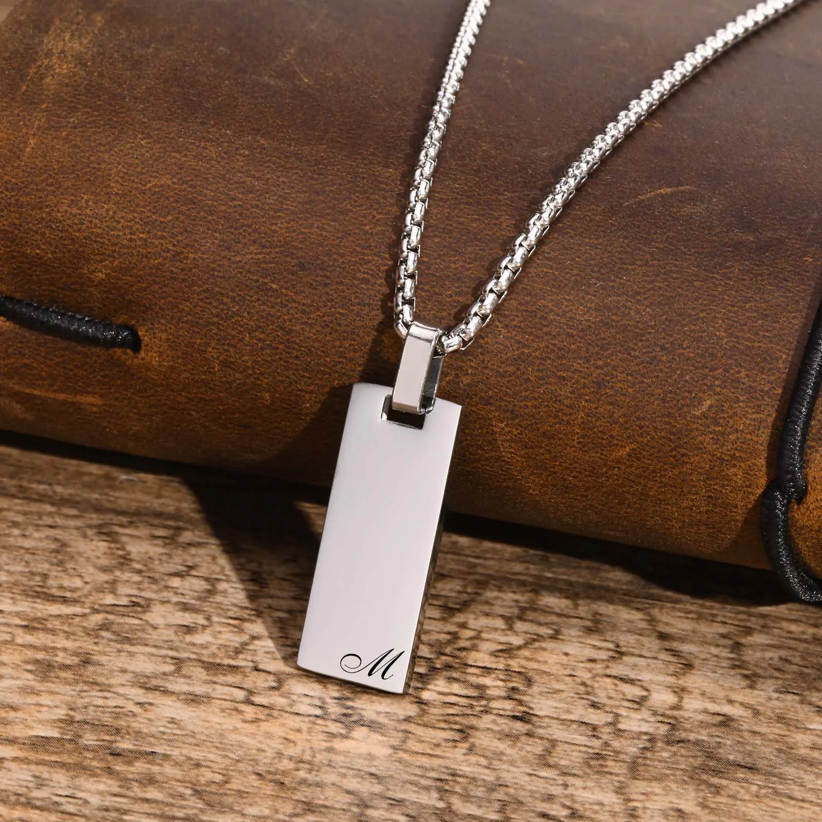 Vnox Free Customize Initial Necklaces for Men Women, Black Stainless Steel Geometric Rectangle Pendant with Box Chain, Name Gift