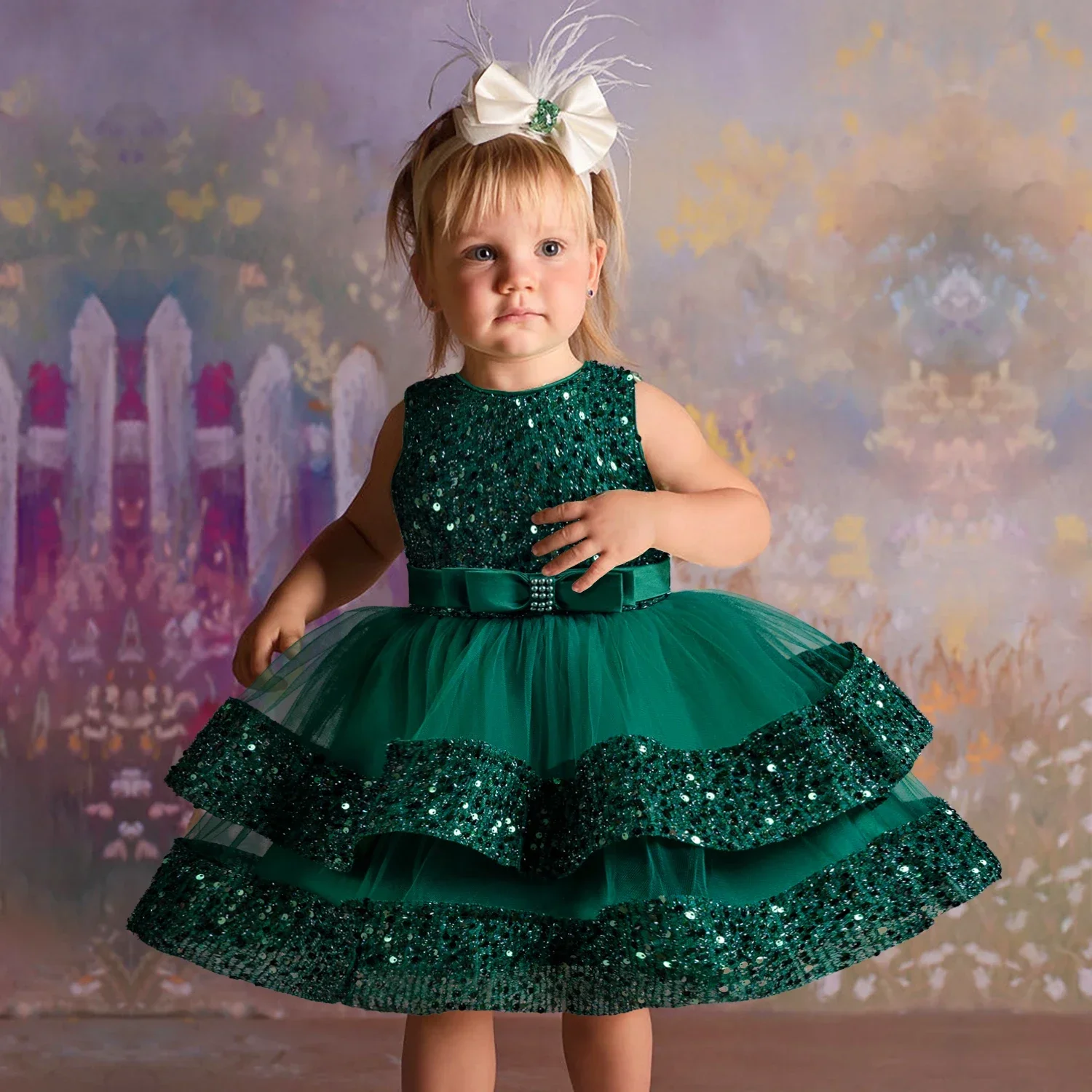 Flower Girl Dresses for Weddings Cute Bowknot Birthday Party Toddler Girls Dress Puff Sleeve Sequin Baby Girls Princess Dress