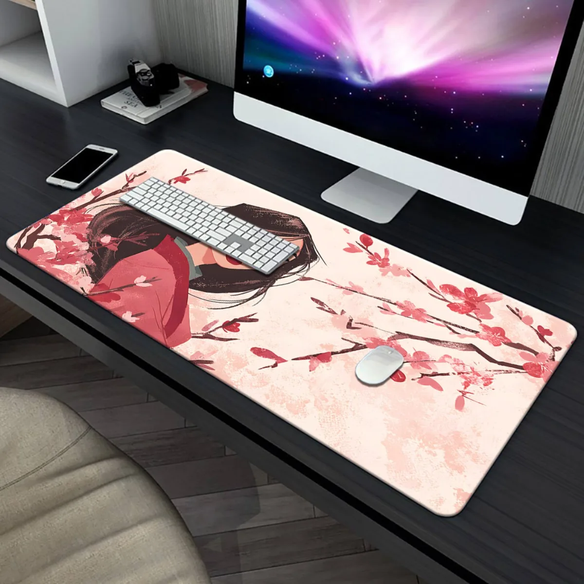 قطعة واحدة من وسادة ماوس ديزني مولان الكبيرة مقاس XXL وحصيرة مكتب - قاعدة مطاطية غير قابلة للانزلاق، مولان في الزي الصيني التقليدي مع زهر الكرز #5