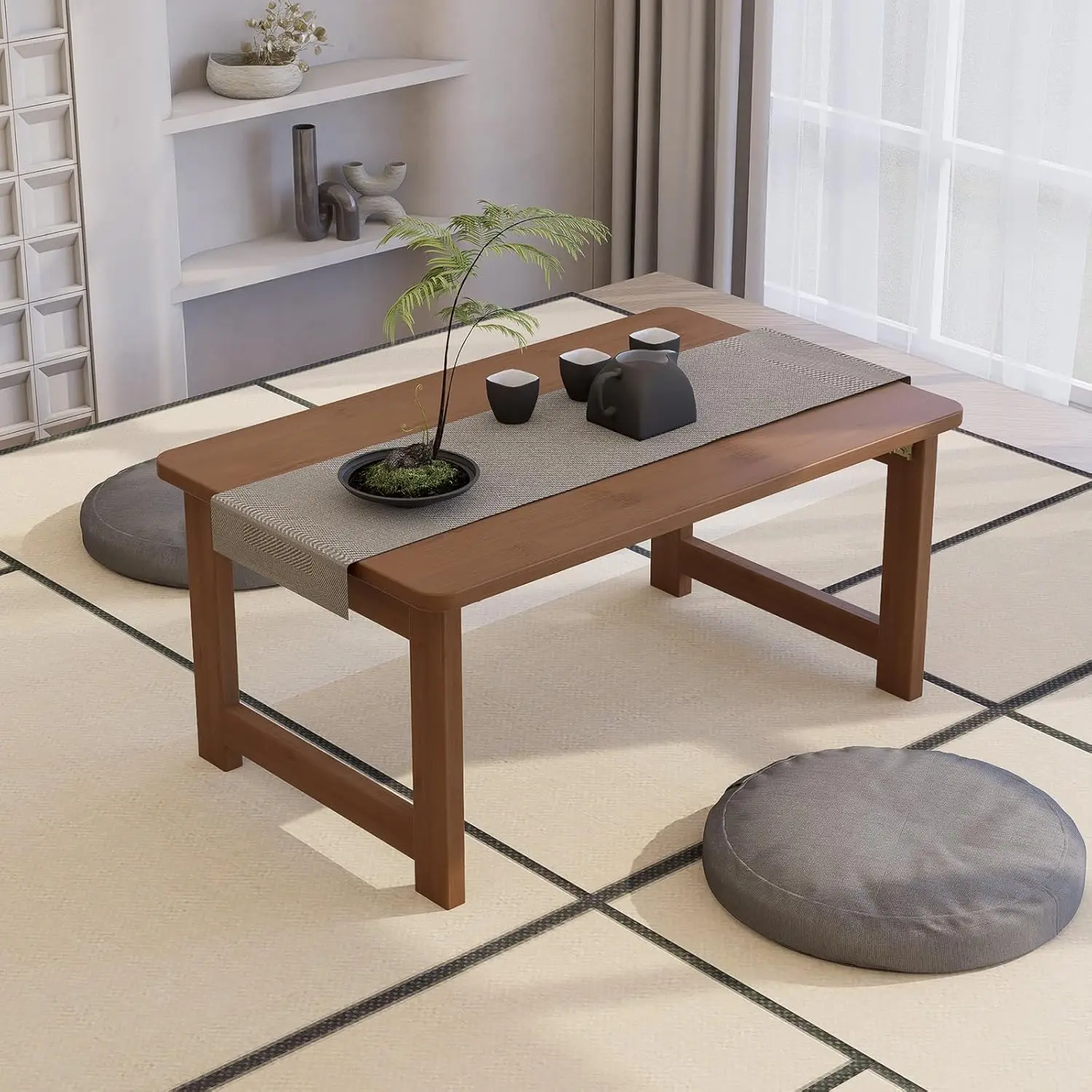 31.5" Japanese Style Dark Brown Folding Coffee Table - No Assembly Rectangular Low Table