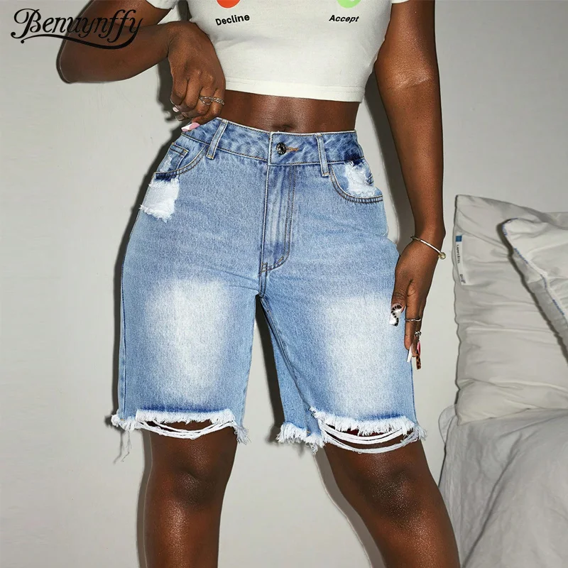 

Benuynffy уличная одежда винтажные полуджинсовые шорты с бахромой по подолу женские новые летние повседневные рваные прямые джинсовые шорты с высокой талией