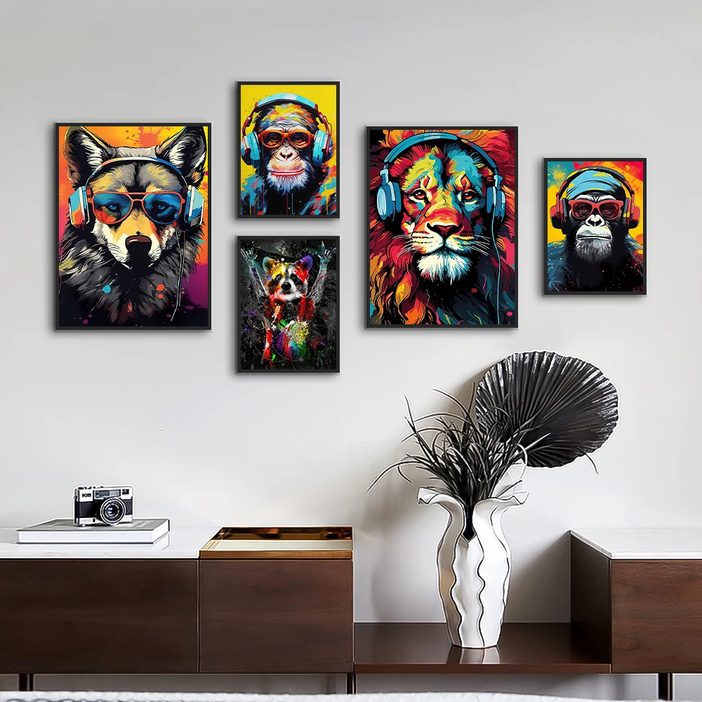 Abstract Pop Art Fun Animals Monkey Earphones DJ Music Posters Prints Rock Animals Canvas Painting Wall Art for Home Decor