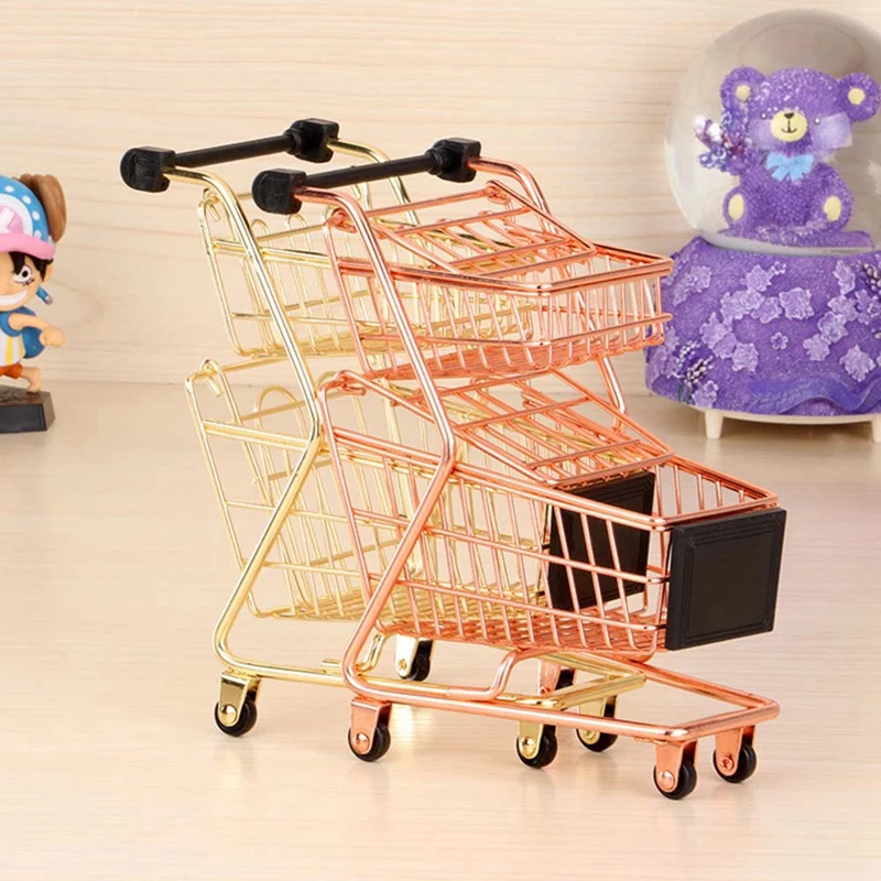 ショッピングカートモデル錬鉄製、ミニ、二重層、スーパーマーケットのトロリー、金属、ローズゴールド、収納バスケット