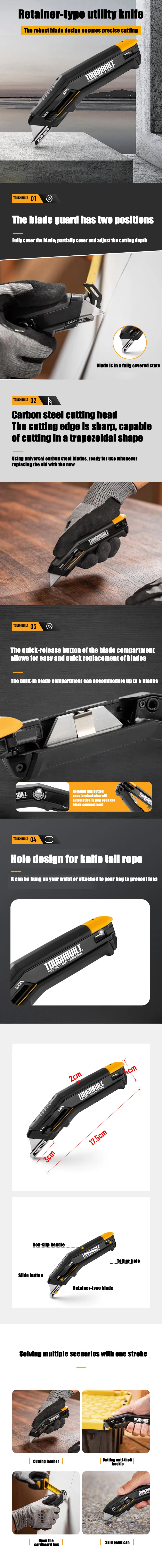 TOUGHBUILT TB-H4-11-G Multifunktions-Clip-On-Werkzeugmesser mit 5 Klingen, ausziehbares Messer zum Tapetenschneiden, Handwerkzeug – Detail 1
