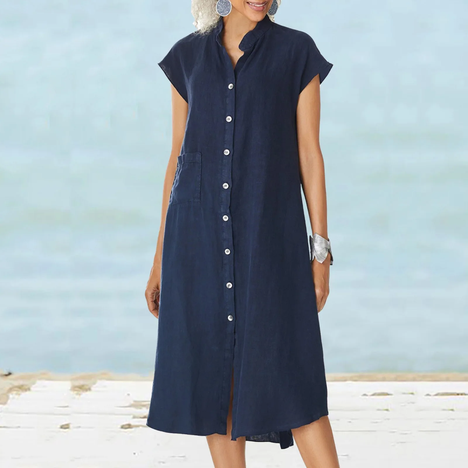 

New Women's Shirt Dress Button Cardigan Cotton-Line Blend Pocket Large Size Loose Short Sleeve Midi Skirt for Female
