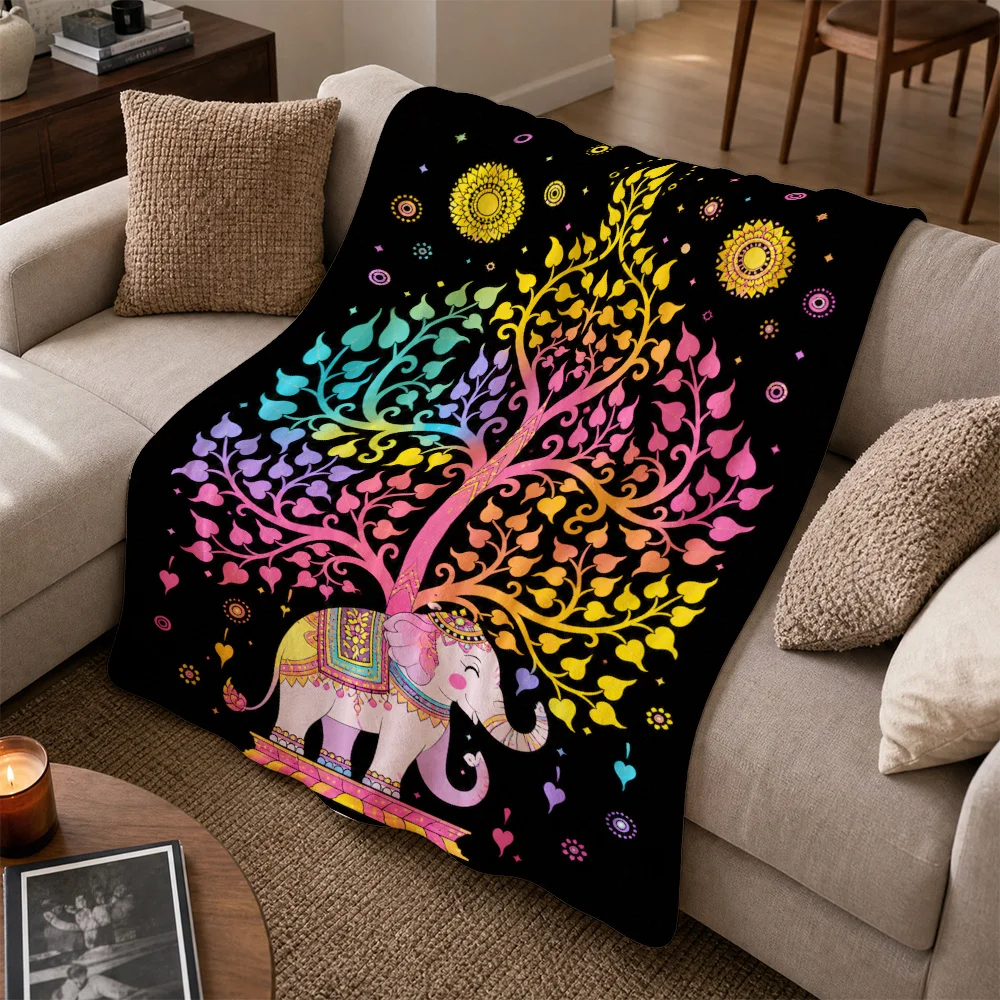 Aesthetic Boho Mandala Elephant Tree of Life Pattern Throw Blanket Couch Cover Bohemian Living Room Accent Decor