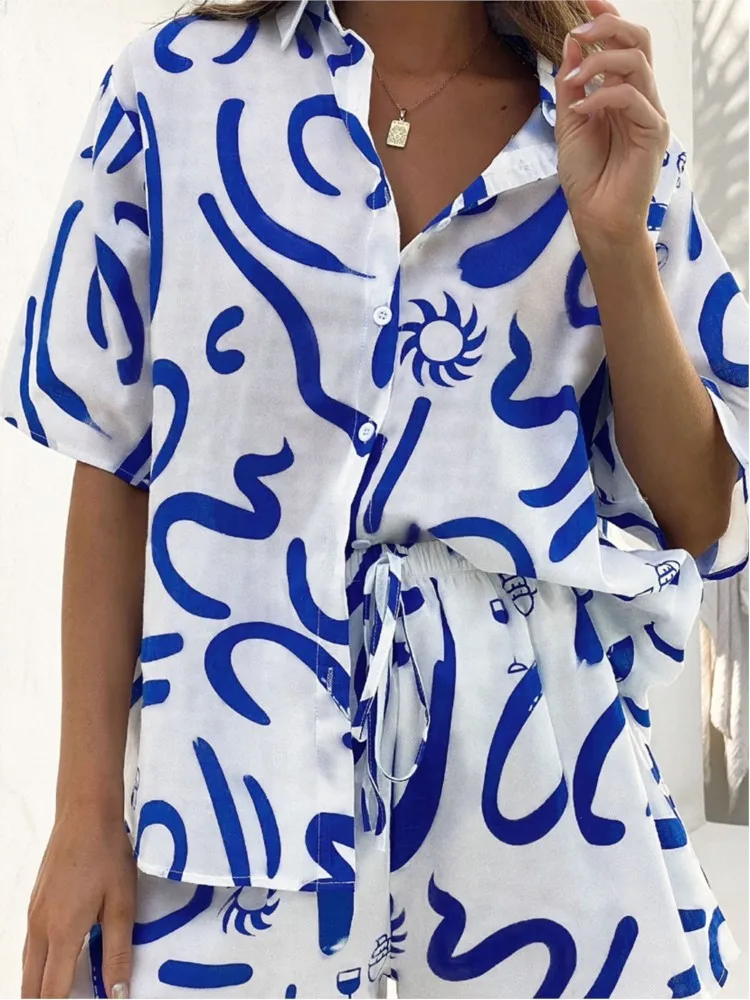 

Women's Fashion Print 2 Piece Sets Casual Short Sleeve Button Shirts Top And Shorts Sets For Women Holiday Beach Womens Clothing