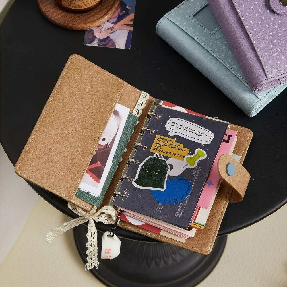 Multifunctional PU Leather A7 Loose Leaf Notebook Heart Polka Dot Snap Closure Binder Notebook DIY Planner School Office