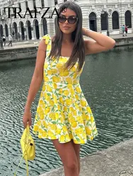 TRAFZA Summer Dress For Women 2024 Sleeveless Fruit Print Slim Short Dresses Chic Bow Lace Up Sweet Wild Woman Pleated Dress