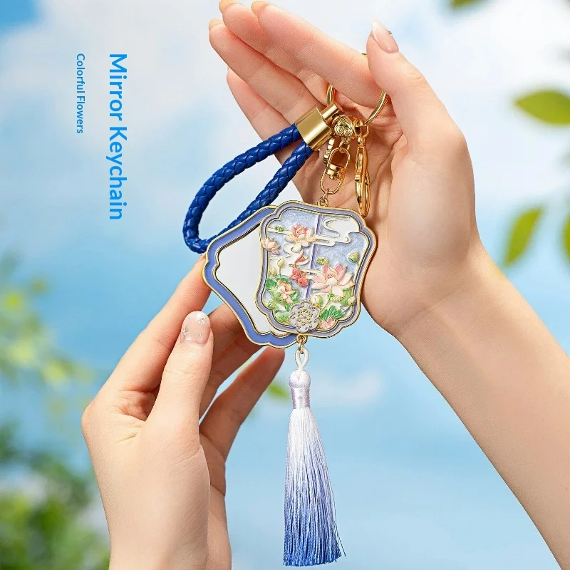 

The Palace Museum Peripheral Vintage Enamel Floral Folding Mirror Keychain With Tassel Bag Purse Pendant Souvenir Gift For Women