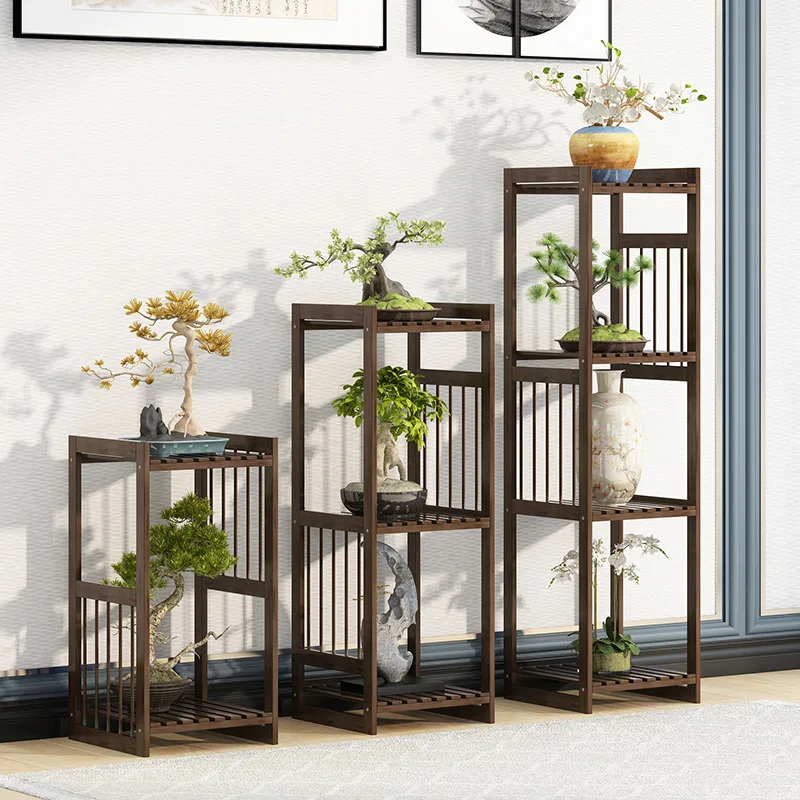 Chinese Antique Bamboo Flower Shelves Multi-layer Structure High Fence Rack Vintage Plant Stand for Classic Home Decor