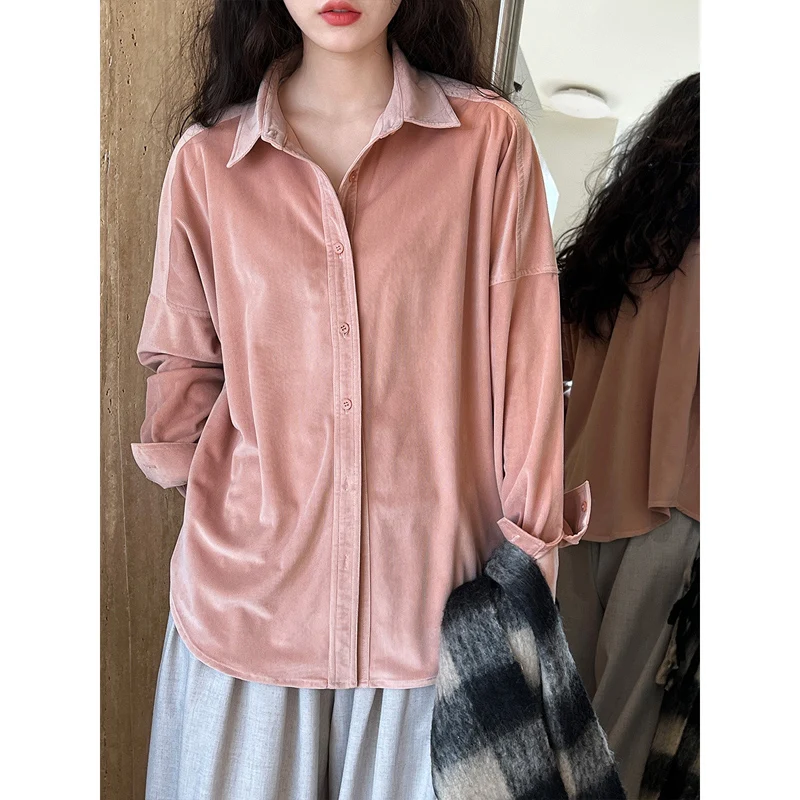 TFETTERS Korean Fashion Women Tops Thickened Frosted Corduroy Shirt for Women 2024 Spring Solid Casual Turn-Down Collar Camisas