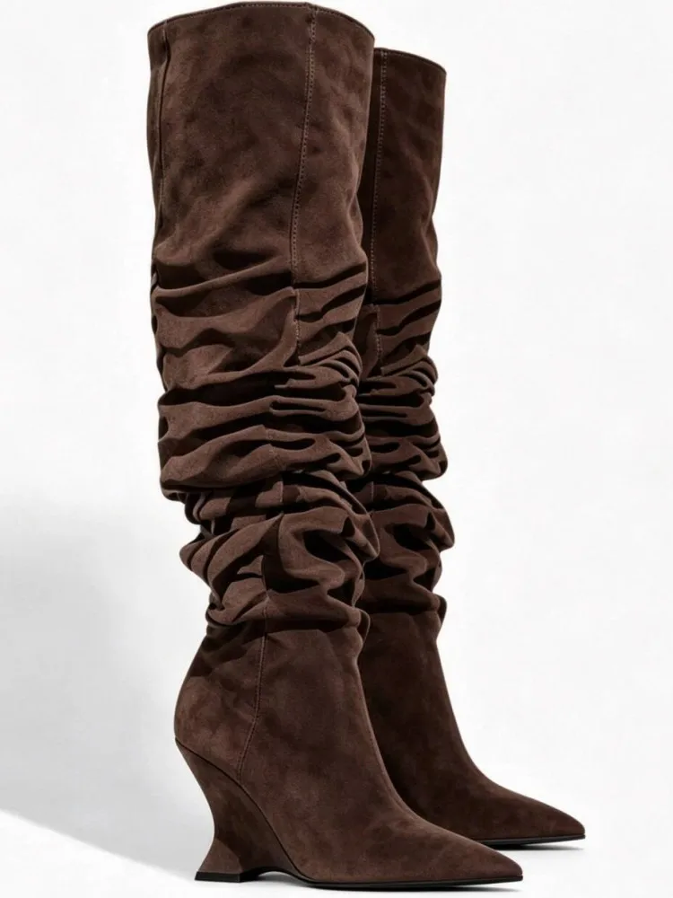 2026Women's New Pointed, Thick, High-heeled Knee High Pleated Pile Boots, Fashionable Wedge High-heeled Women's Long Boots