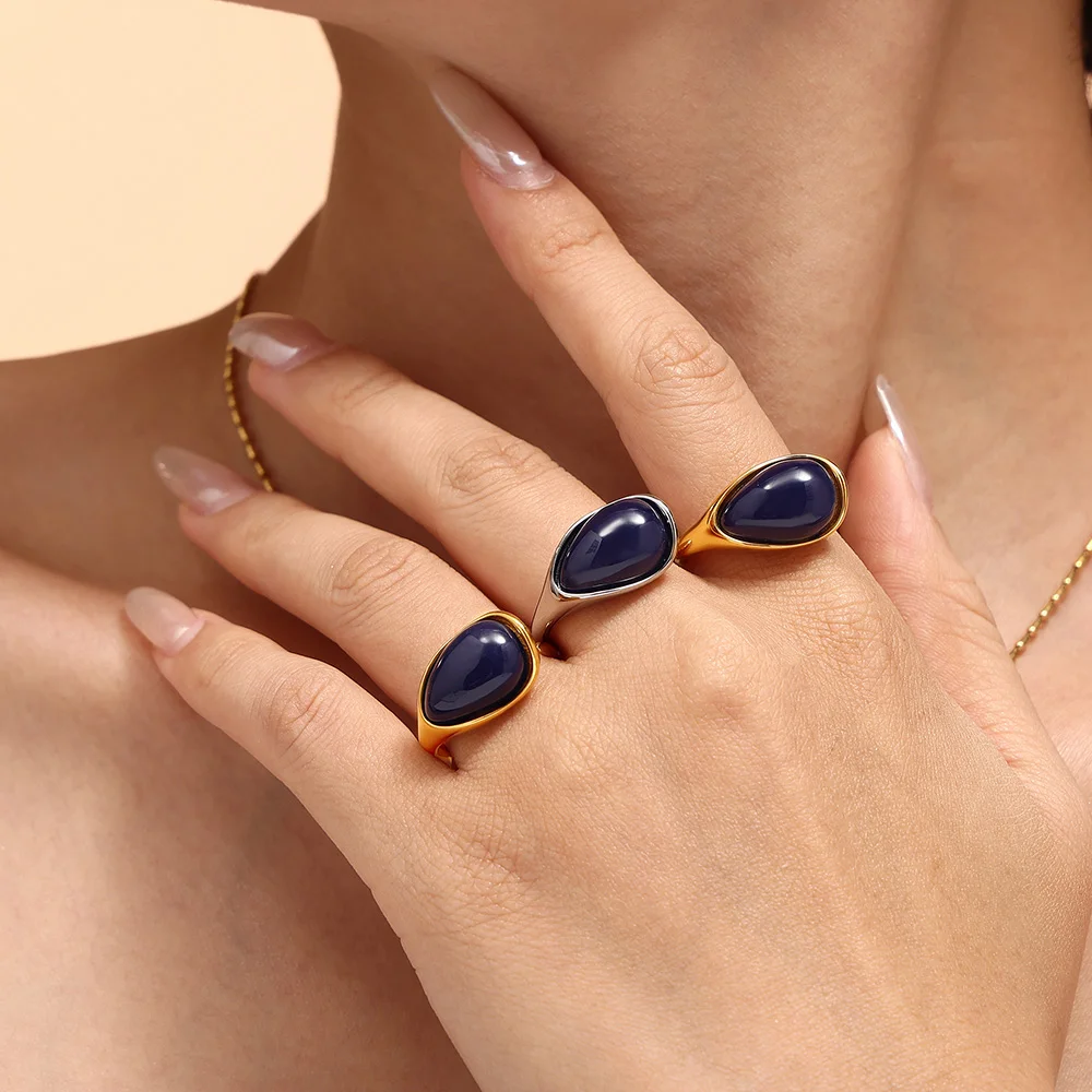 Liora Fashion Navy Blue Resin Opening Rings for Women Simple Stainless Steel Charm Cocktail Rings Waterproof  Jewelry Accessory