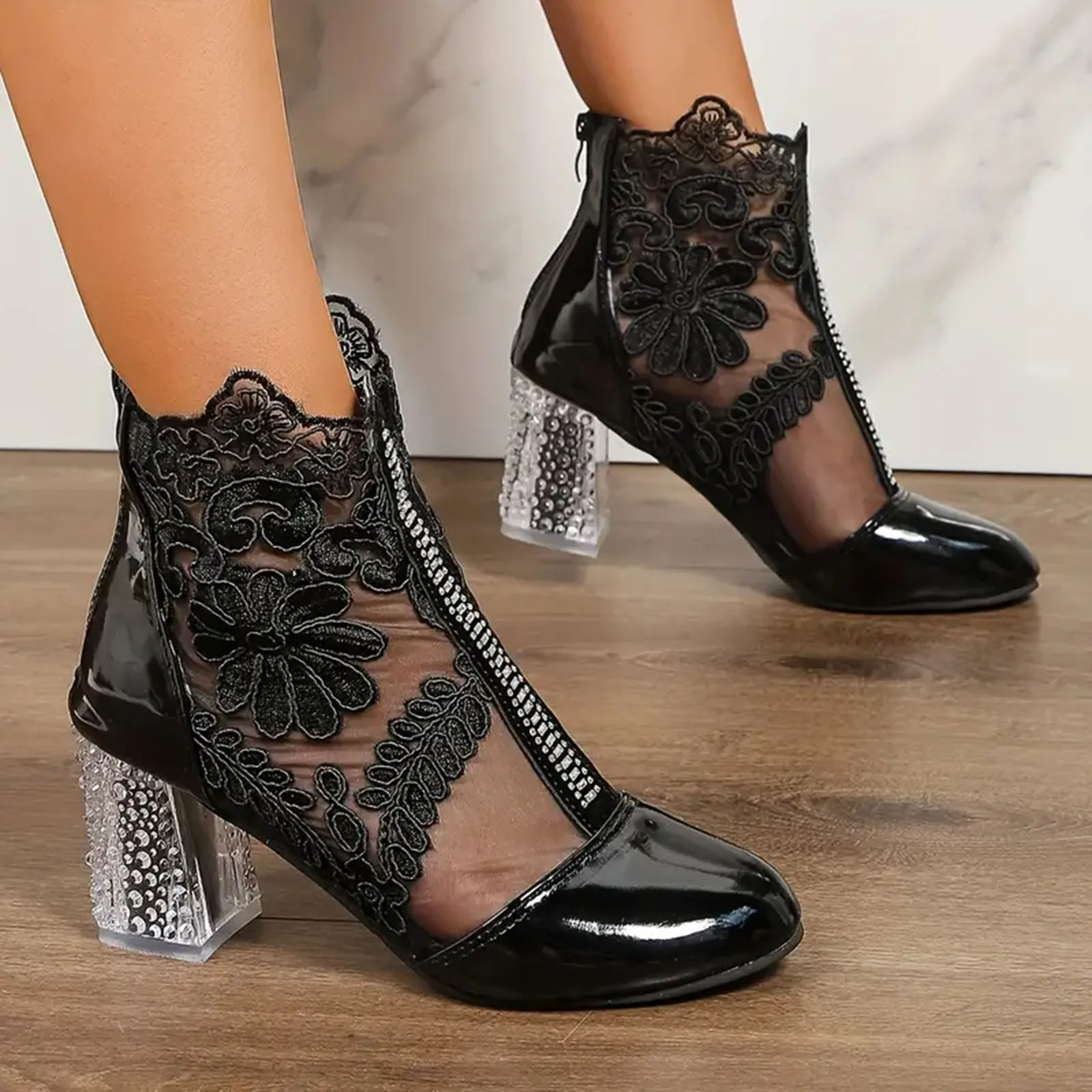 Womens Luxury Crystal Square Heeled Shoes See Through Mesh Floral Embroidery Zipper Formal Shoes Elegant Female Wedding Shoes