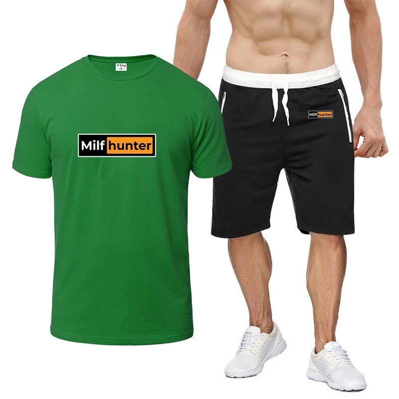 

MILF Hunter Funny Adult Humor Joke 2025 New Men Summer Nine Color Short-sleeved Set Simple Casual T-shirt + Shorts Suit
