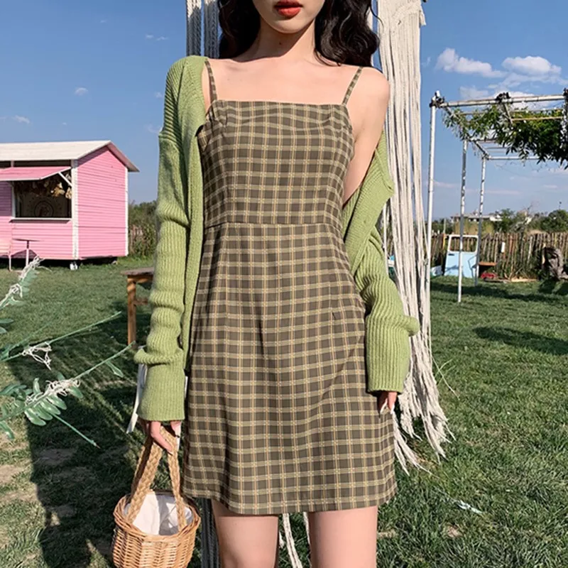 

High Waist Avocado Green Vintage Plaid Dress Women Summer Korean A Line Design Sundress Elegant Sexy Slim Mini Dress