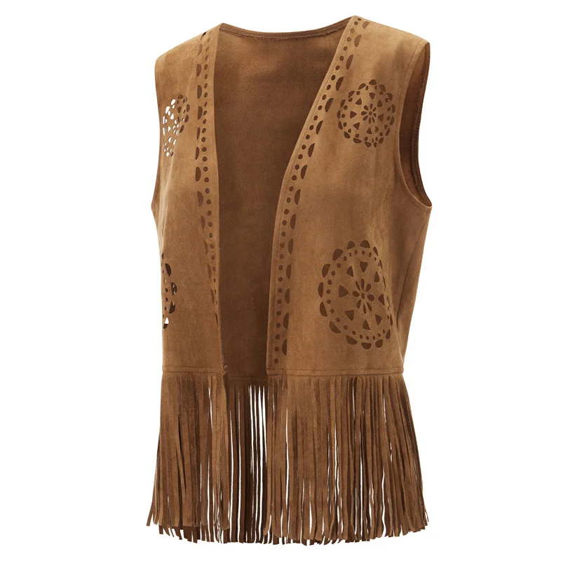 Dourbesty Women Faux Suede Vests Casual Open Front Sleeveless Tassels Jackets Hollow Out Coats Summer Fall Tops Streetwear 2025