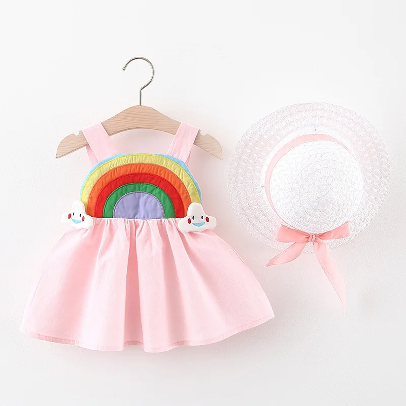 

Baby Girls Dress 2024 New Summer Rainbow Camisole Straw Hat Newborn Princess Dress Party Gift Kids Clothes 6 9 12 18 24 Months