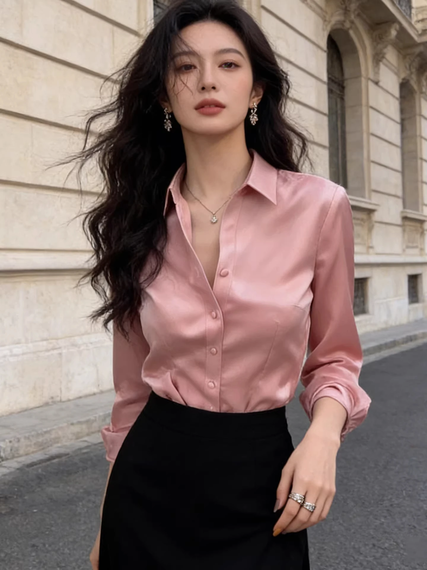 

Pink Long Sve Turn-down Collar Loose Women's irt Spring Season Casual Sle French Sle Straight Cut Single-color Top