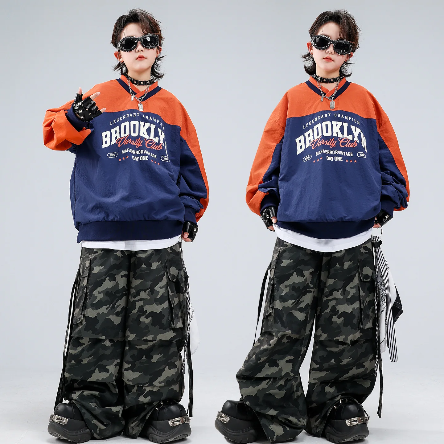

Kid Kpop Hip Hop Clothing Navy Blue Orange Sweatshirt Camo Strap Casual Parachute Cargo Pants for Girl Boy Dance Costume Clothes