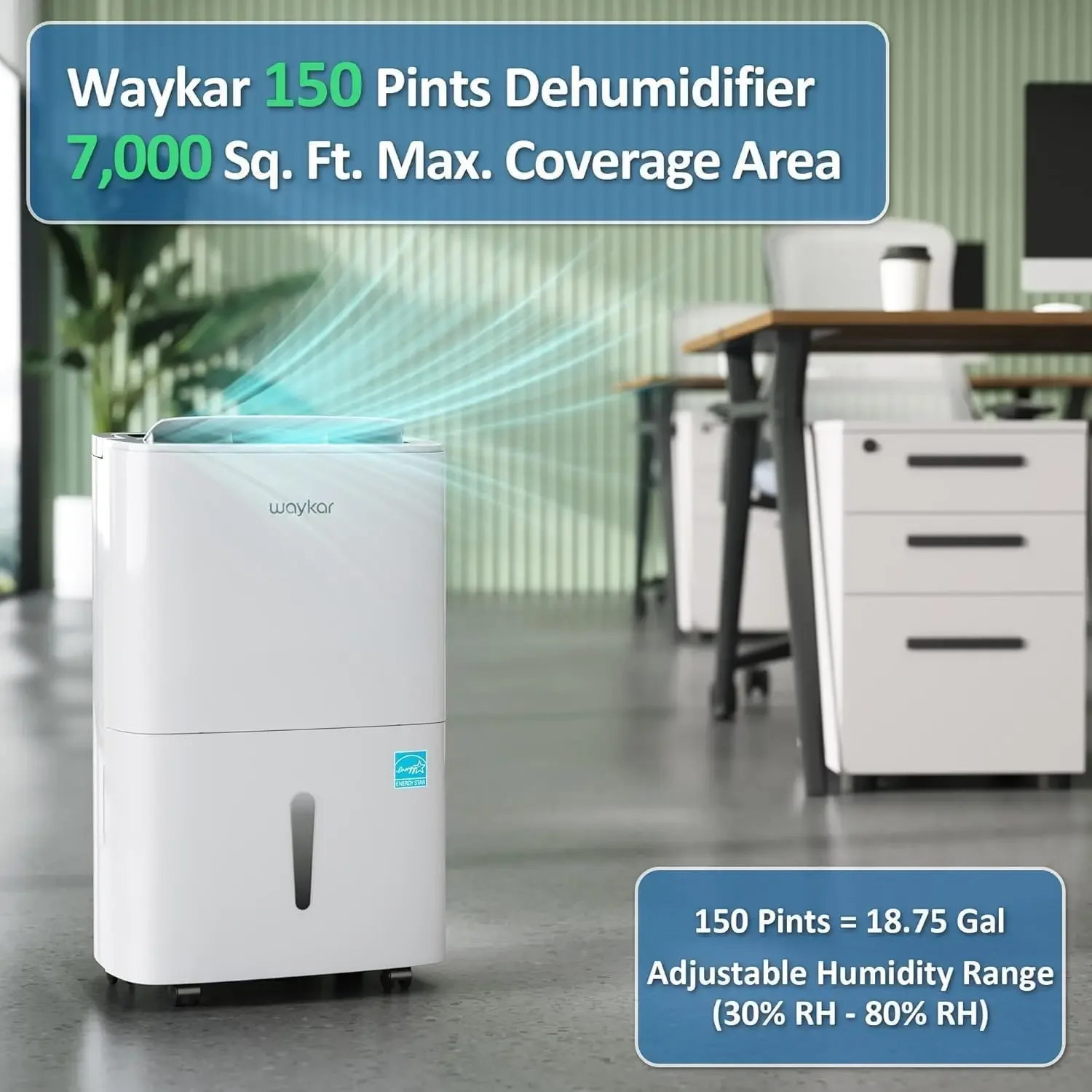 Waykar 2025 150 Pints Energy Star Commercial Industrial Dehumidifier with Pump for Spaces Up to 7000 Sq Ft Large Room Warehouse Home Basement Drain Hose Auto Defrost Self Drying
