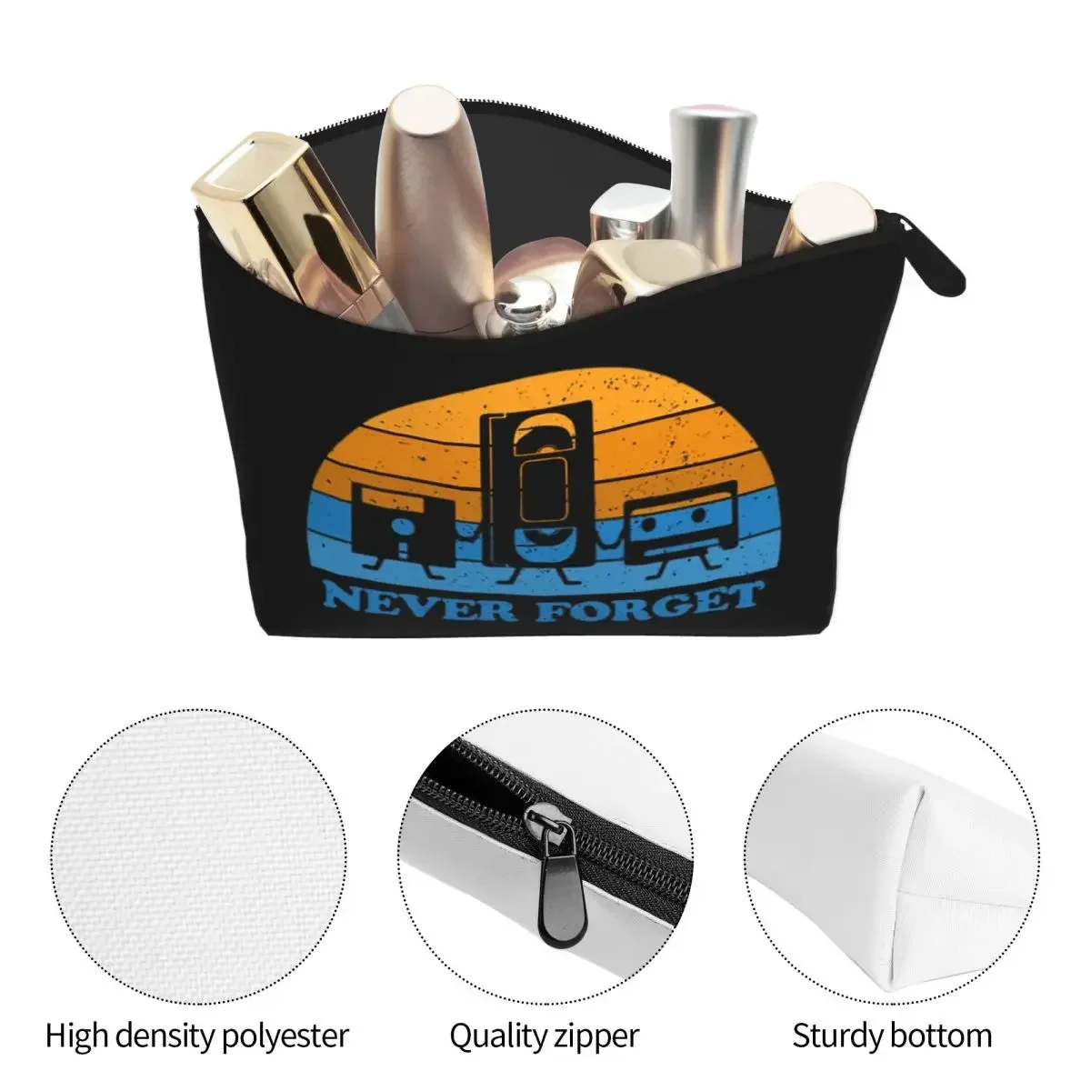 Never Forget -Floppy Disk Cassette VHS Tape Women Cosmetic Bag Travel Makeup Organizer Pouch Toiletry Storage Dopp Kit Box