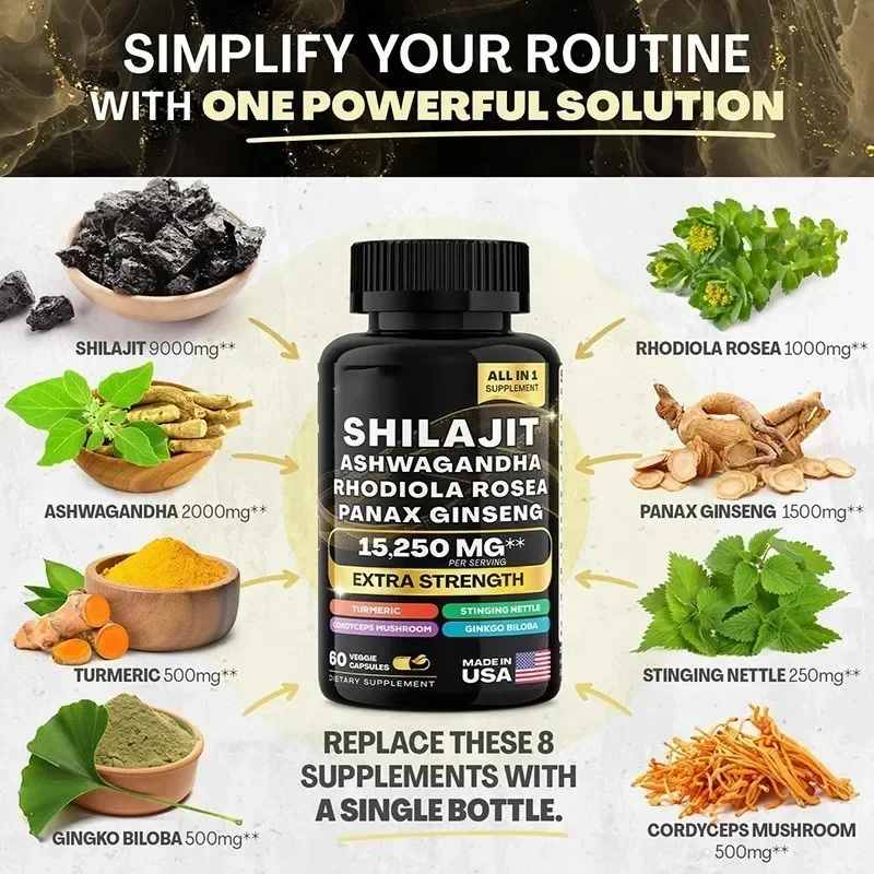 SHILAJIT Harz-Seemoos 7000 mg, Schwarzkümmelöl 4000 mg, Ashwagandha 2000 mg, Ingwer, Schilajit 9000 mg, Ginseng 1500 mg (2 Flaschen)