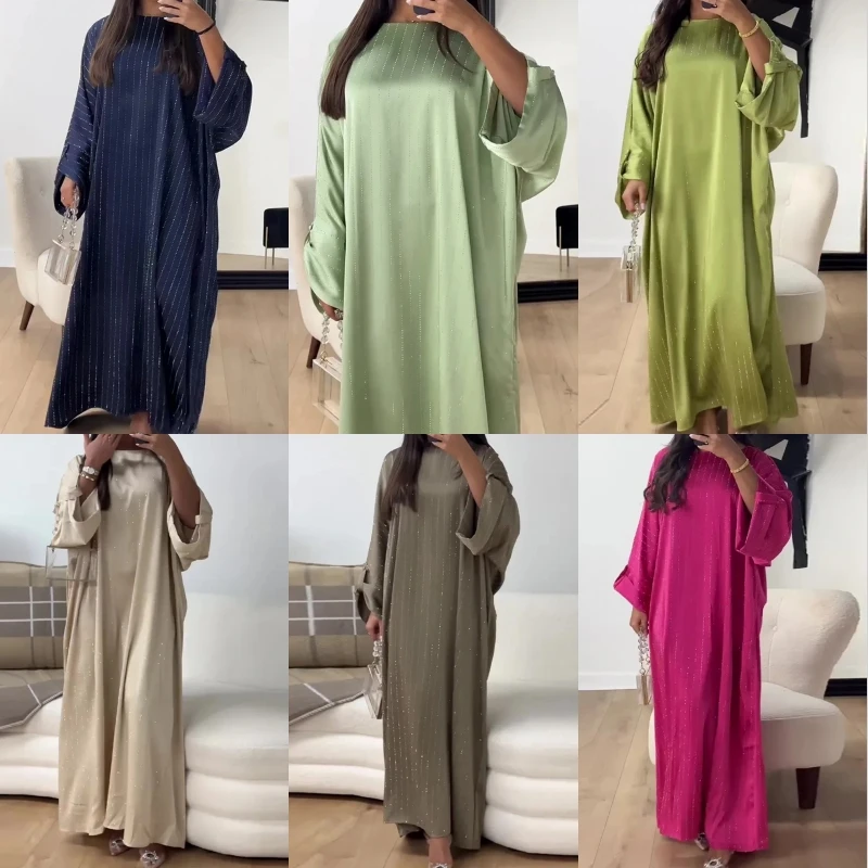 Muslim Long Sleeved Abaya Ladies Shiny Dress Kaftan Fashion Striped Dress Arab Women Loose Burqa Dubai Party Gown