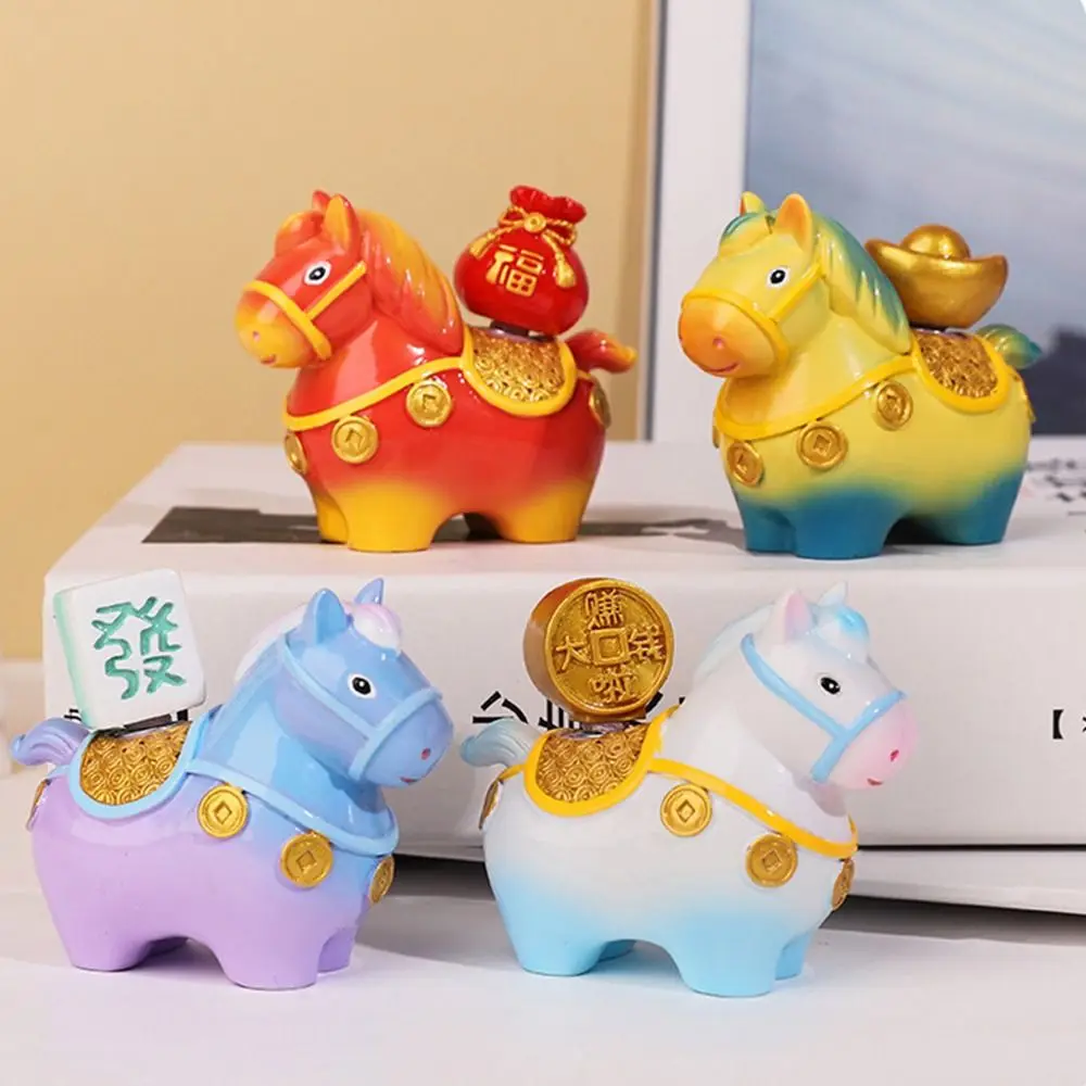 Kawaii Zodiac Horse Ornaments Handcrafted Year of The Horse Resin Cartoon Horse Statue Rotatable DIY Craft