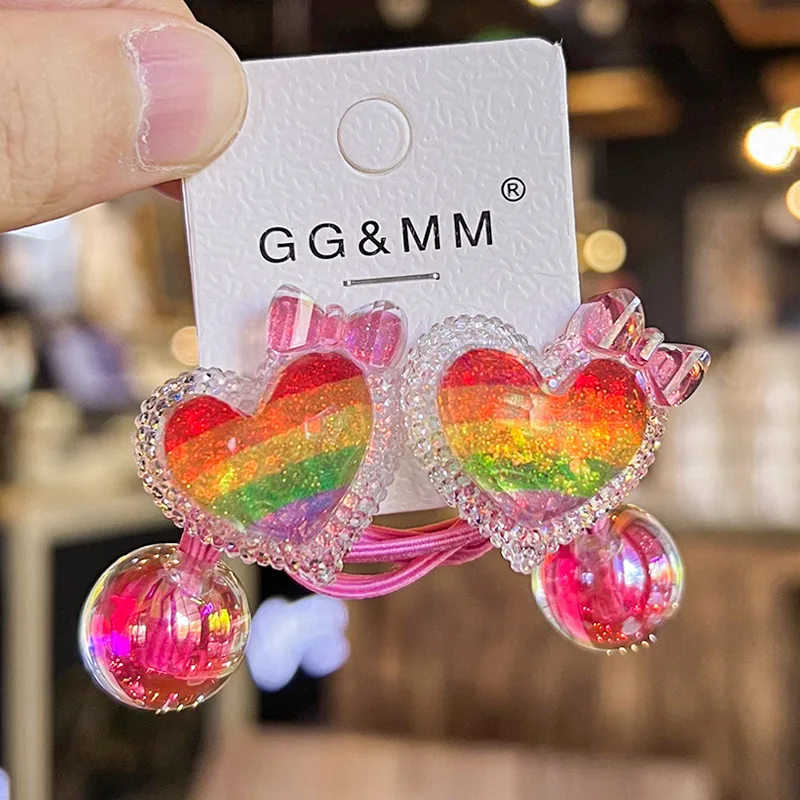 2Pcs/Set Rainbow Crown Heart Elastic Hair Bands For Girls Cute Bear Hair Rubber Bands Kids Floral Hair Ties Hair Accessories