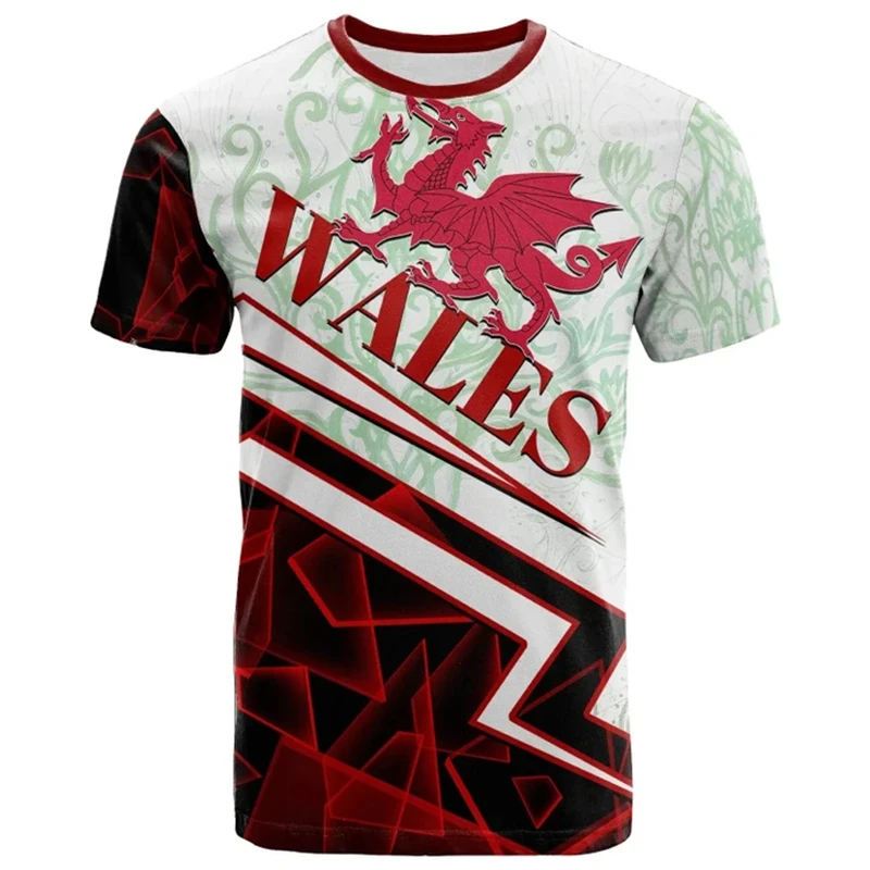 Welsh National Pattern 3D Printed Football Fan Tee Men's T-shirt for Summer Outdoor Leisure Sports Training Short-sleeved Shirt